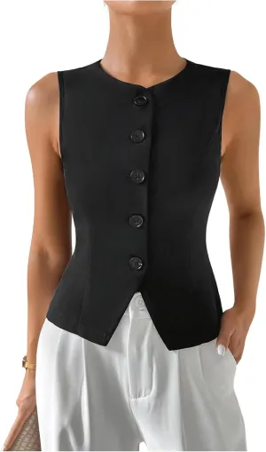 Milumia Women's Button Front Crew Neck Casual Business Sleeveless Blazer Vest