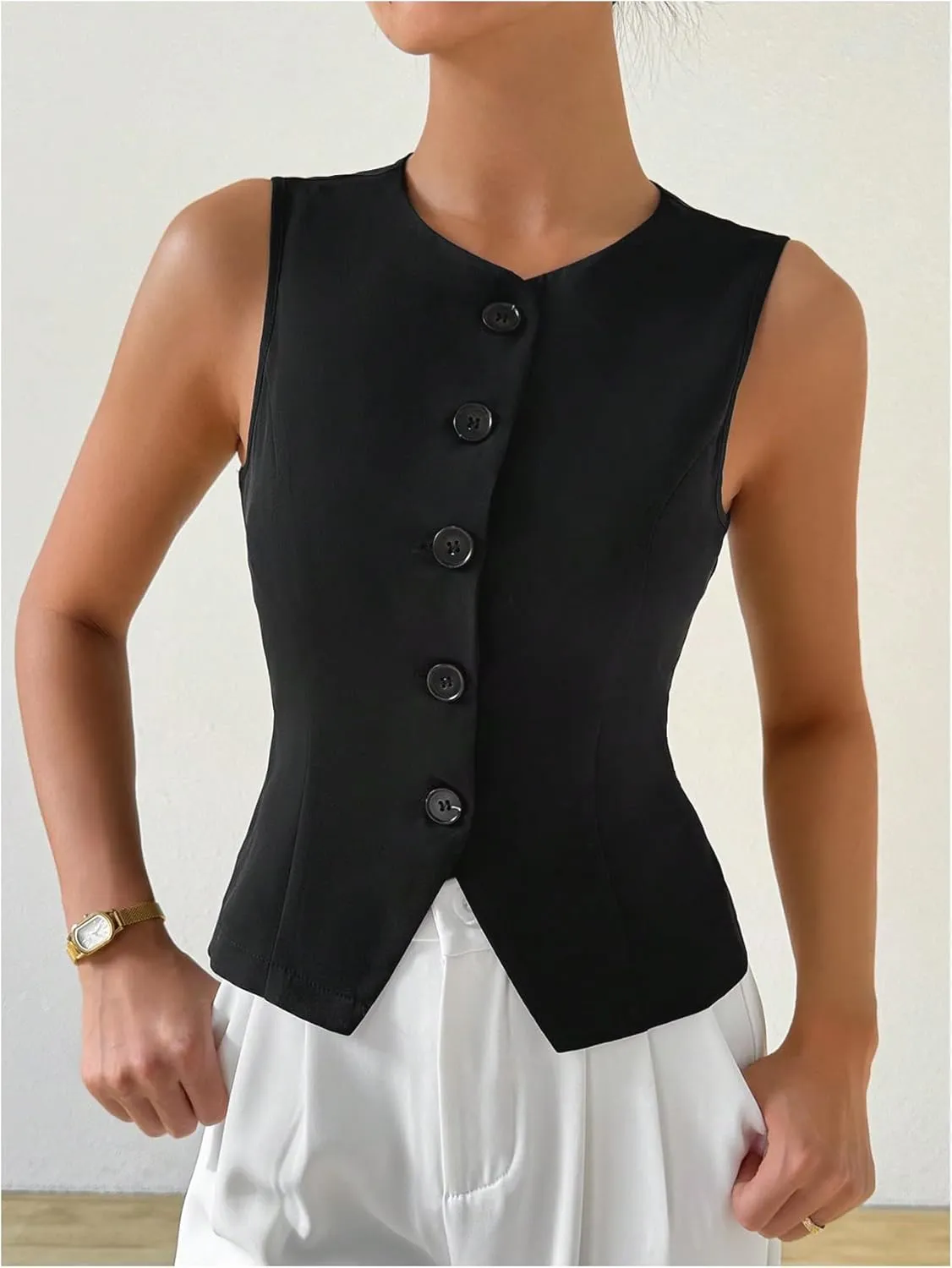 Milumia Women's Button Front Crew Neck Casual Business Sleeveless Blazer Vest