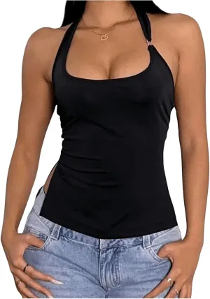 Milumia Women's Scoop Neck Low Cut Ruched Backless Halter Top Y2K Side Slit Fitted Sleeveless Tank Tops