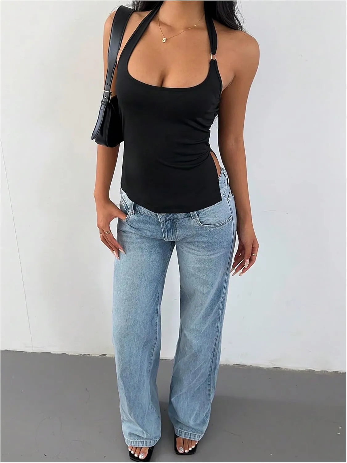 Milumia Women's Scoop Neck Low Cut Ruched Backless Halter Top Y2K Side Slit Fitted Sleeveless Tank Tops