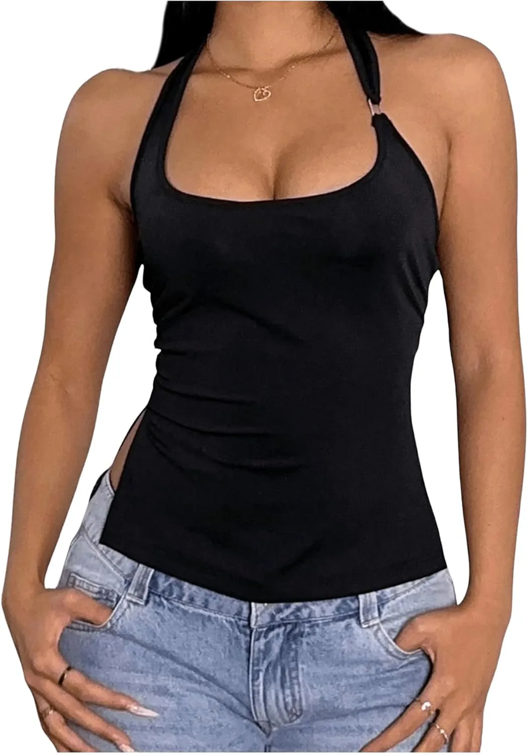 Milumia Women's Scoop Neck Low Cut Ruched Backless Halter Top Y2K Side Slit Fitted Sleeveless Tank Tops