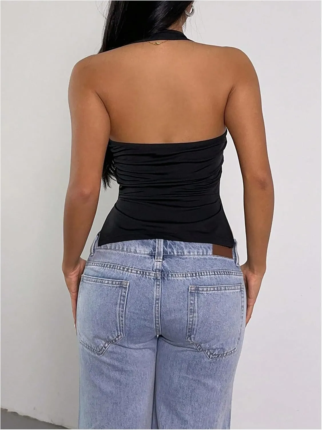 Milumia Women's Scoop Neck Low Cut Ruched Backless Halter Top Y2K Side Slit Fitted Sleeveless Tank Tops