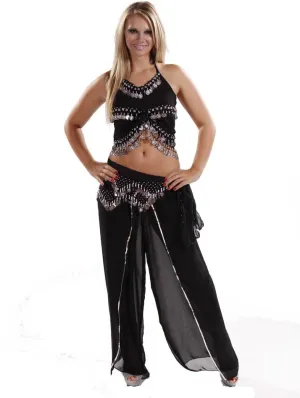 Miss Belly Dance Top, Chiffon Harem Pants, Hip Scarf Costume Set | ADAASANIA
