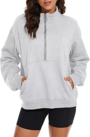 MISSACTIVER Womens Oversized Half Zip Sweatshirt Quarter 1/4 Zipper Long Sleeve Drop Shoulder Pocket Pullover Jacket Tops