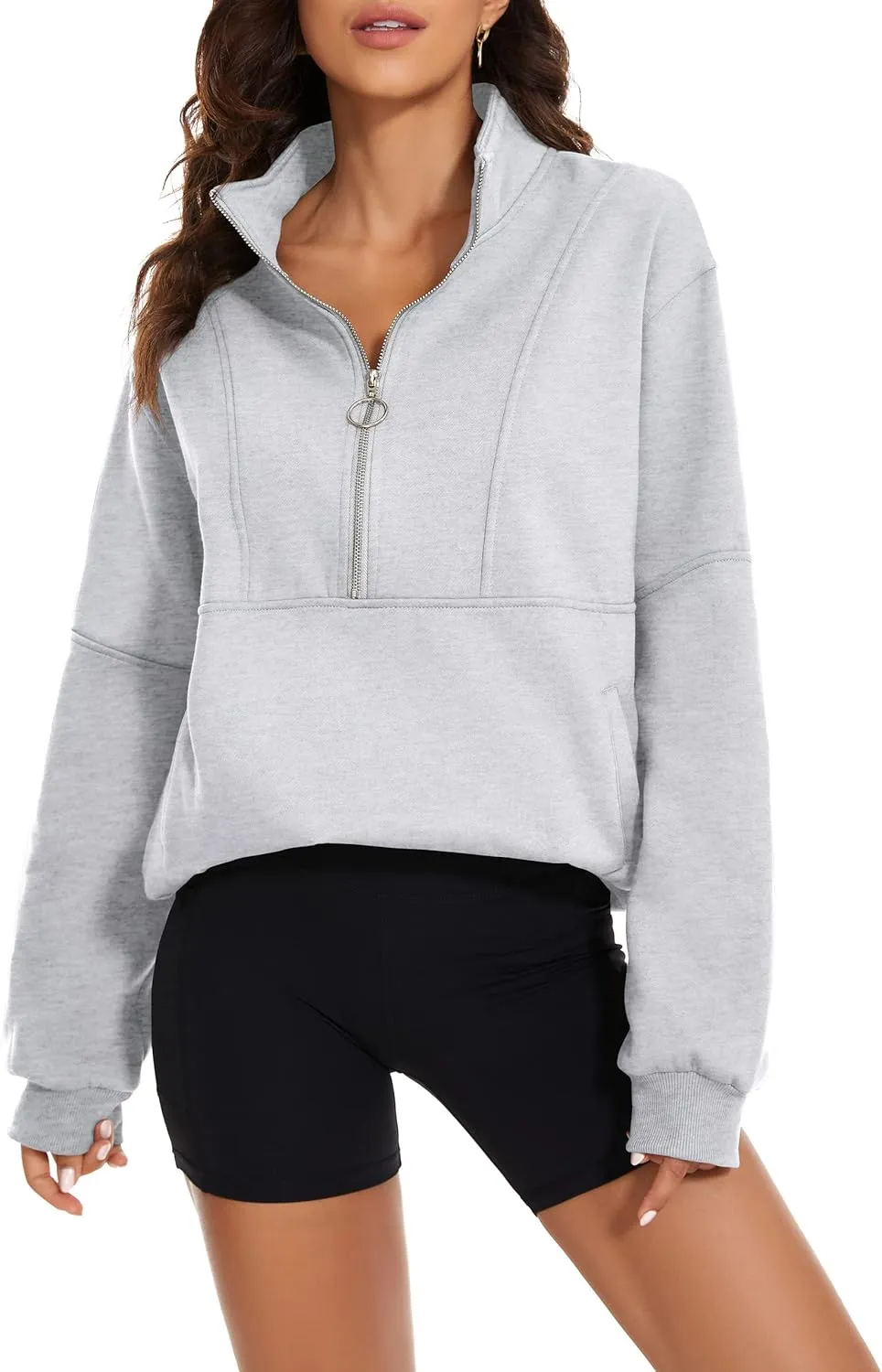 MISSACTIVER Womens Oversized Half Zip Sweatshirt Quarter 1/4 Zipper Long Sleeve Drop Shoulder Pocket Pullover Jacket Tops