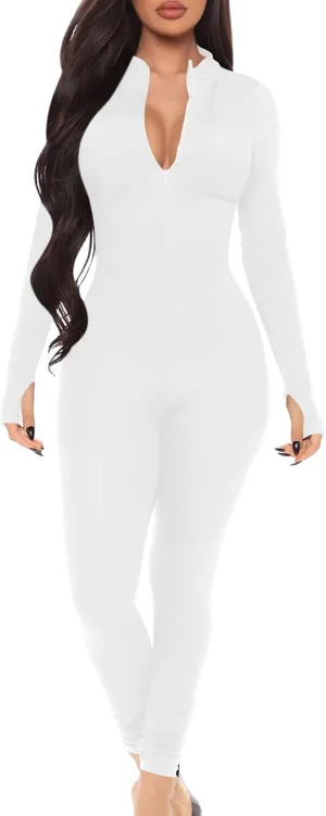 Mizoci Women's Sexy One Piece Jumpsuit Bodycon Long Sleeve V Neck Zipper Full Bodysuit