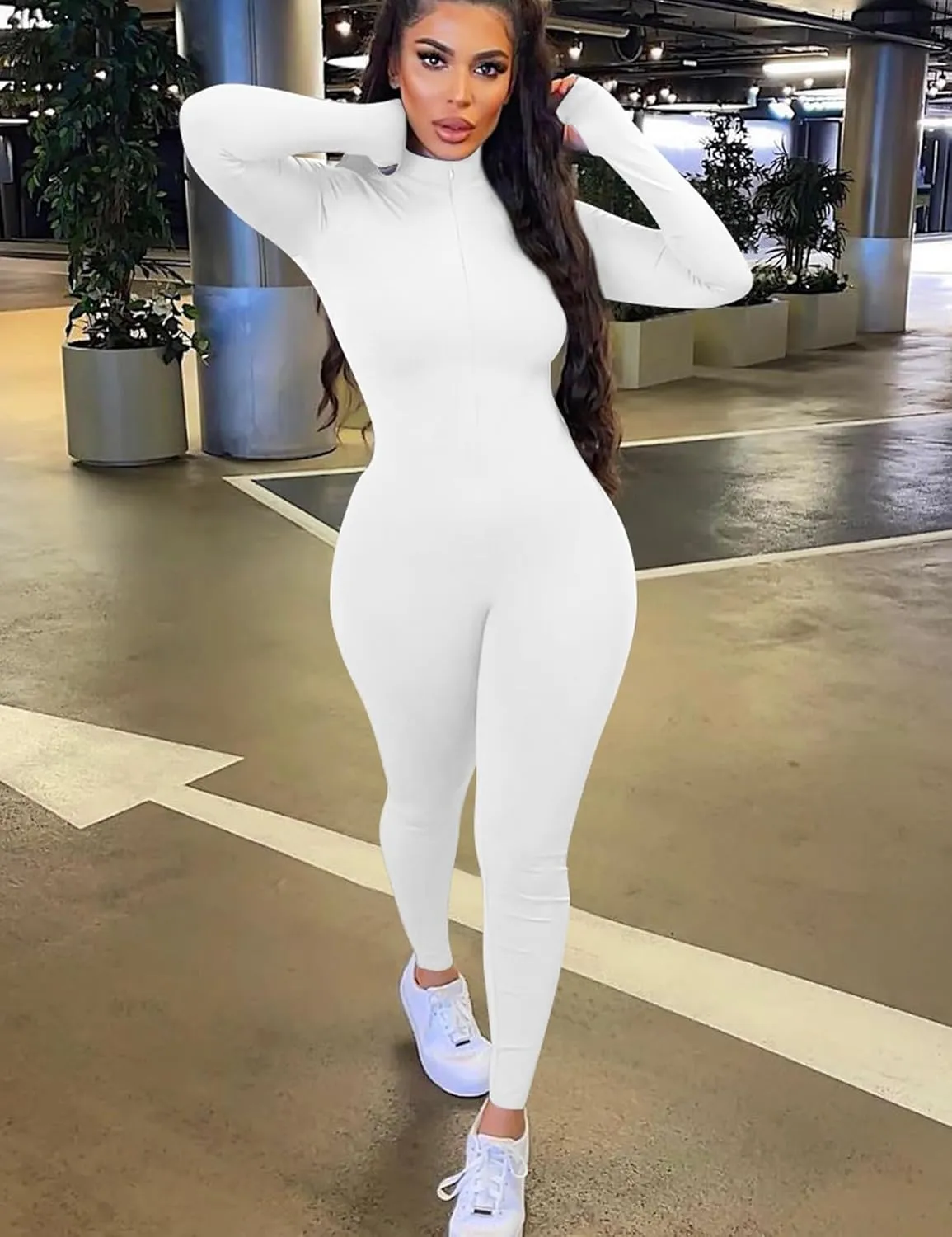 Mizoci Women's Sexy One Piece Jumpsuit Bodycon Long Sleeve V Neck Zipper Full Bodysuit
