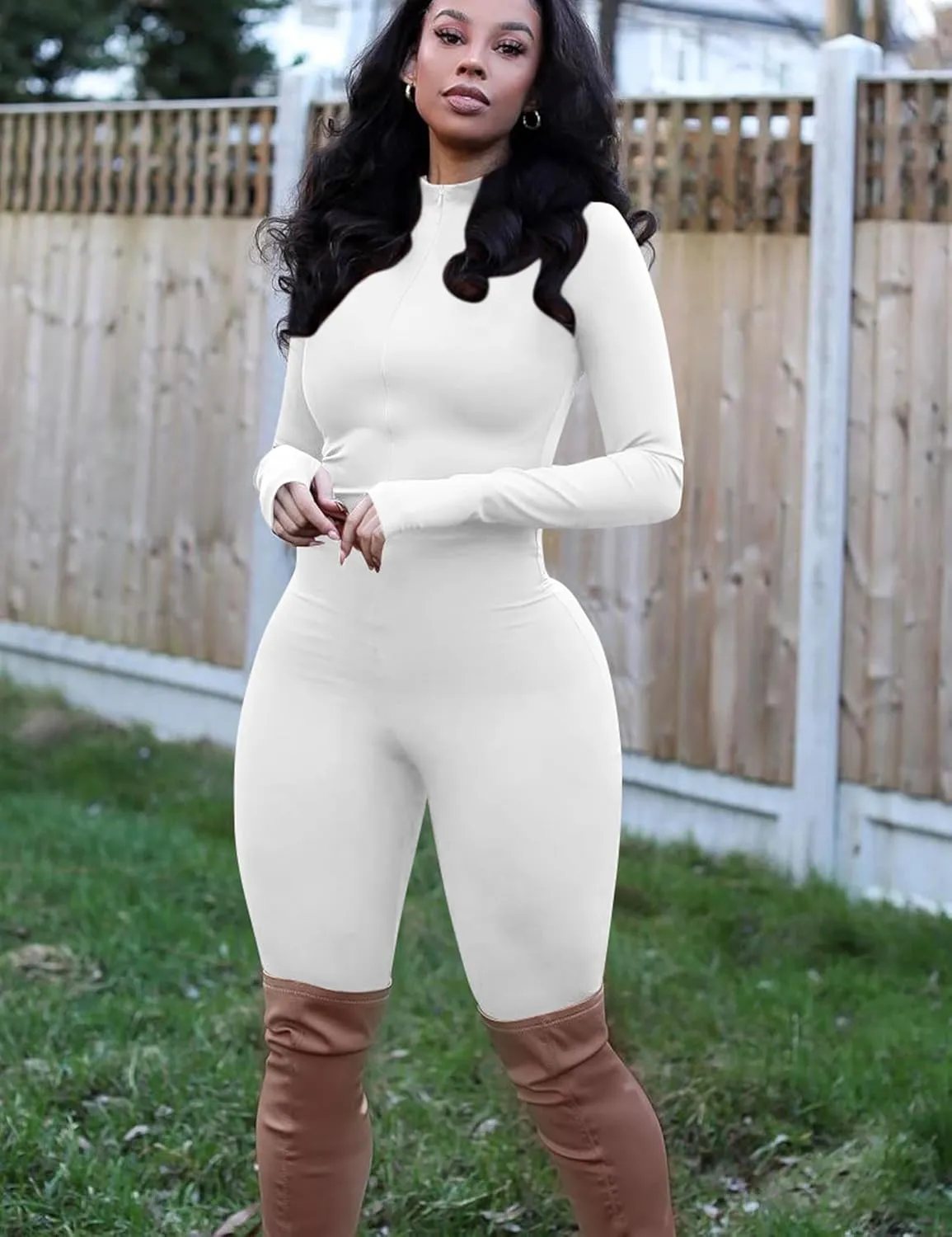 Mizoci Women's Sexy One Piece Jumpsuit Bodycon Long Sleeve V Neck Zipper Full Bodysuit