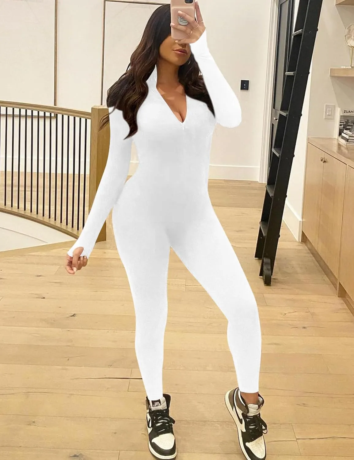 Mizoci Women's Sexy One Piece Jumpsuit Bodycon Long Sleeve V Neck Zipper Full Bodysuit