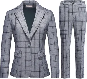 MODFUL Women's 2 Piece Business Plaid Suit Set Office One Button Slim Fit Blazer with Pant