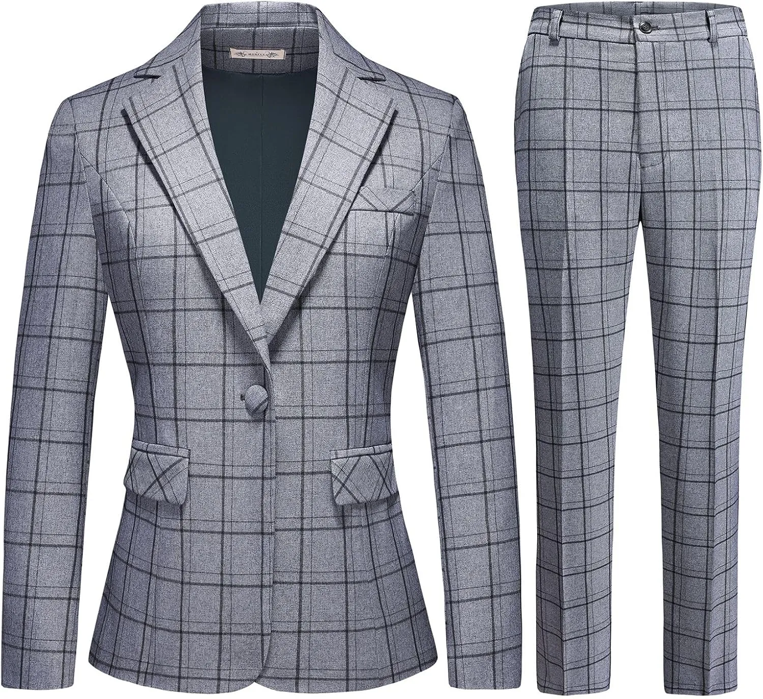 MODFUL Women's 2 Piece Business Plaid Suit Set Office One Button Slim Fit Blazer with Pant