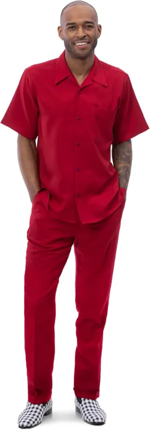 MONTIQUE Walking Suit For Men 2 Piece Set - Short Sleeve Shirt and Long Pants, Solid Colors - 696