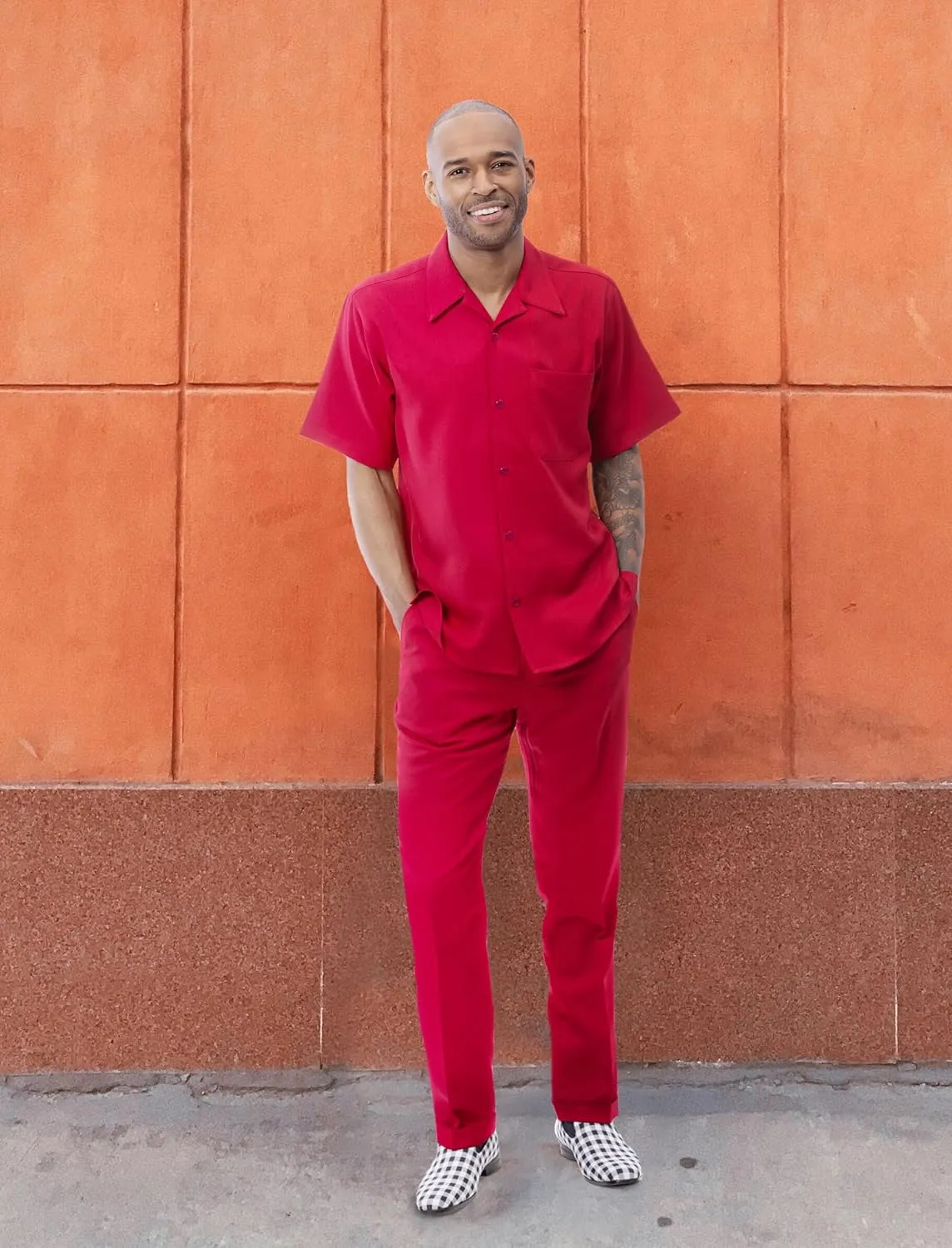 MONTIQUE Walking Suit For Men 2 Piece Set - Short Sleeve Shirt and Long Pants, Solid Colors - 696