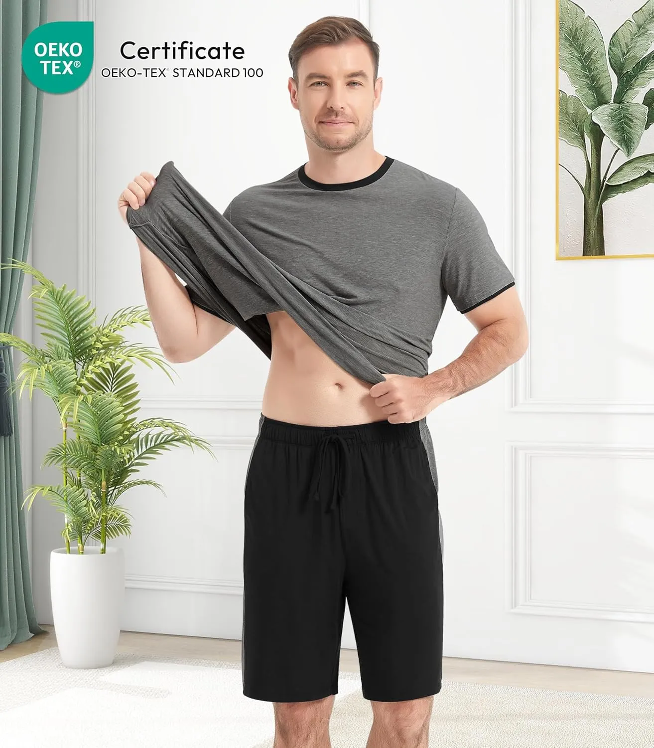 NACHILA Men's Pajama Set-Viscose Made from Bamboo,Soft Sleepwear Short Sleeve Pjs with Shorts 2 Piece Loungewear