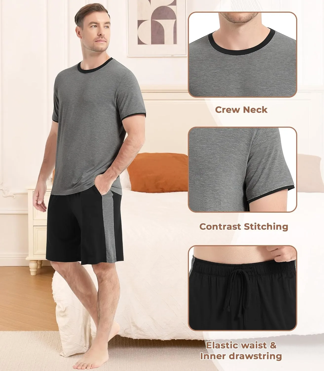 NACHILA Men's Pajama Set-Viscose Made from Bamboo,Soft Sleepwear Short Sleeve Pjs with Shorts 2 Piece Loungewear