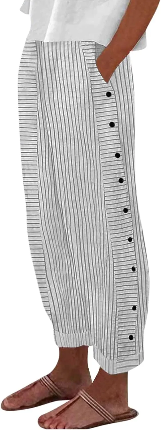 NBXNZWF Women Striped Linen Pants Casual High Waisted Wide Leg Cropped Pants Straight Leg Side Button Trousers with Pocket