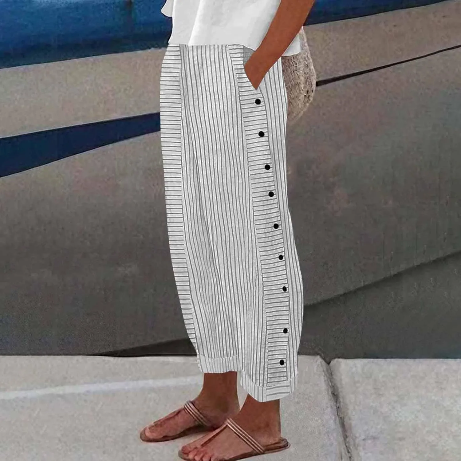 NBXNZWF Women Striped Linen Pants Casual High Waisted Wide Leg Cropped Pants Straight Leg Side Button Trousers with Pocket