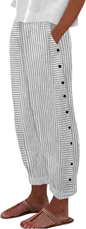 NBXNZWF Women Striped Linen Pants Casual High Waisted Wide Leg Cropped Pants Straight Leg Side Button Trousers with Pocket