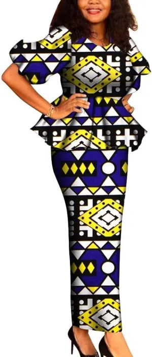 New Dashiki African Women 2 Pieces Outfits Set Print O-Neck Ruffles Tops and Long Skirt Sets Clothing