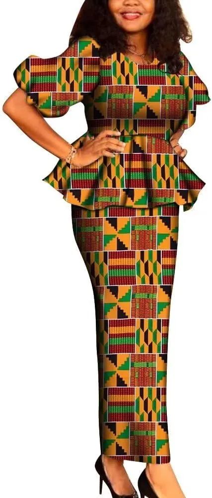 New Dashiki African Women 2 Pieces Outfits Set Print O-Neck Ruffles Tops and Long Skirt Sets Clothing