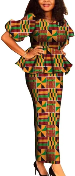 New Dashiki African Women 2 Pieces Outfits Set Print O-Neck Ruffles Tops and Long Skirt Sets Clothing