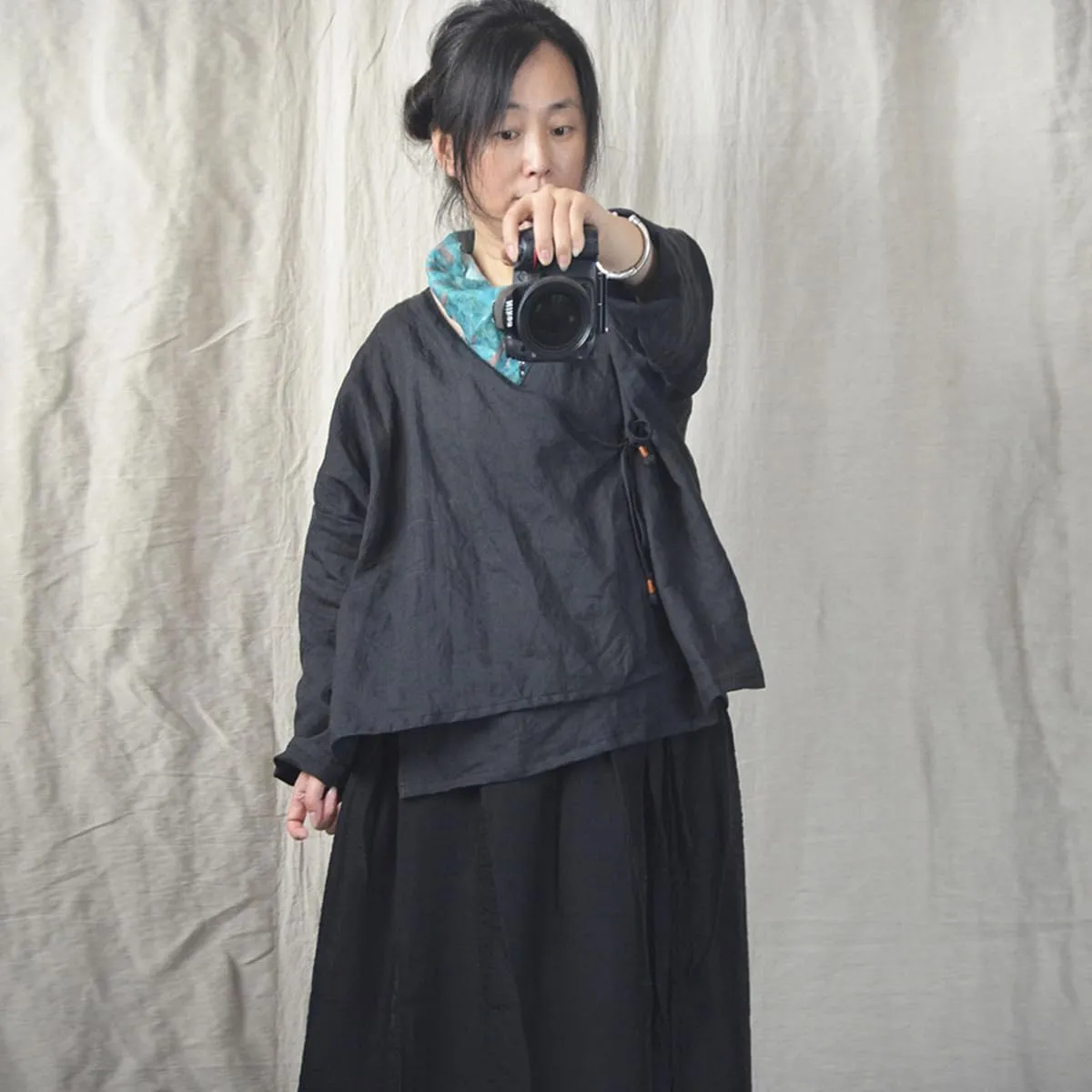 NFYM Women's Hanten Kimono Cardigan Long Sleeve Wrap Front Cotton Linen Retro Hanfu Costume Irregular Shirt Tops