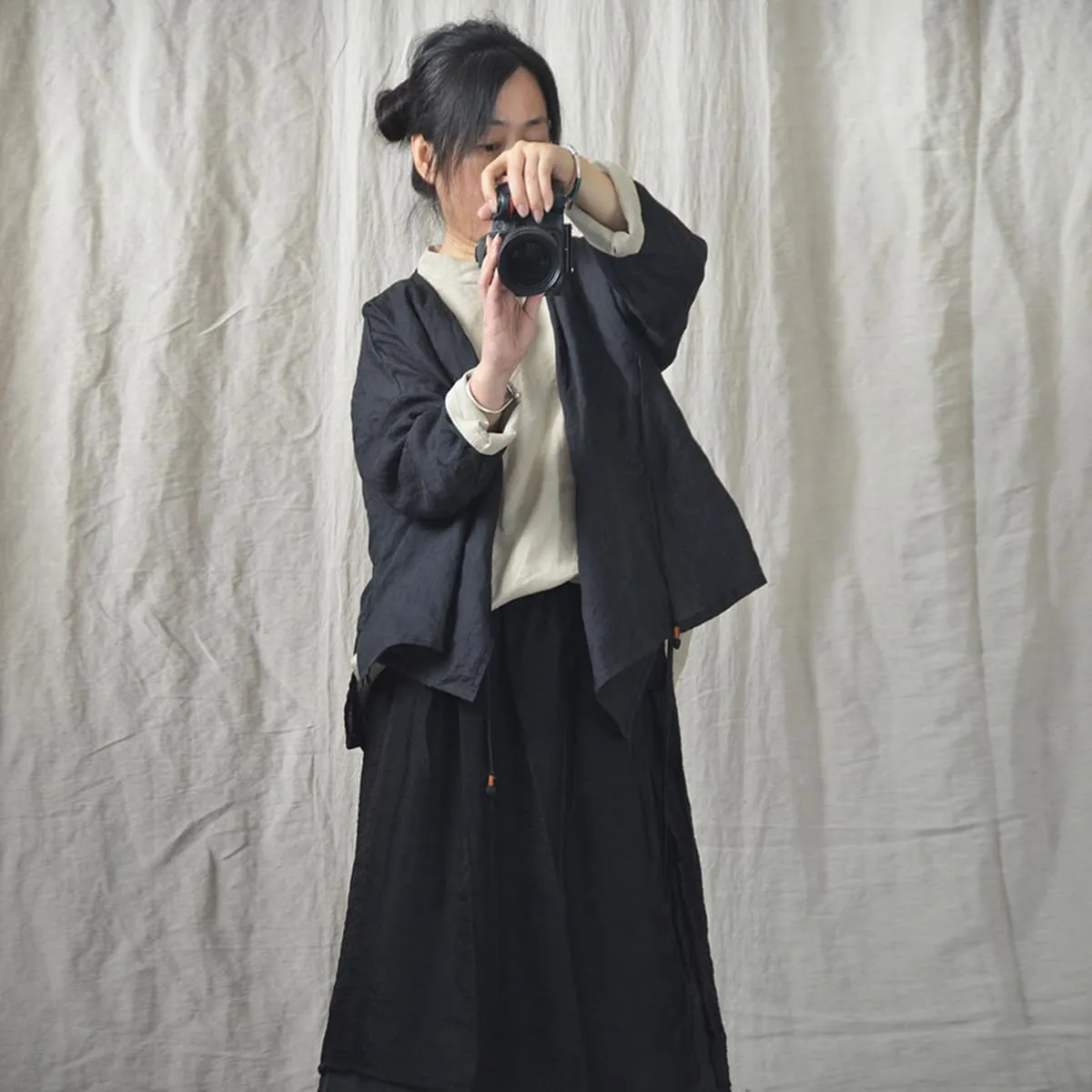 NFYM Women's Hanten Kimono Cardigan Long Sleeve Wrap Front Cotton Linen Retro Hanfu Costume Irregular Shirt Tops
