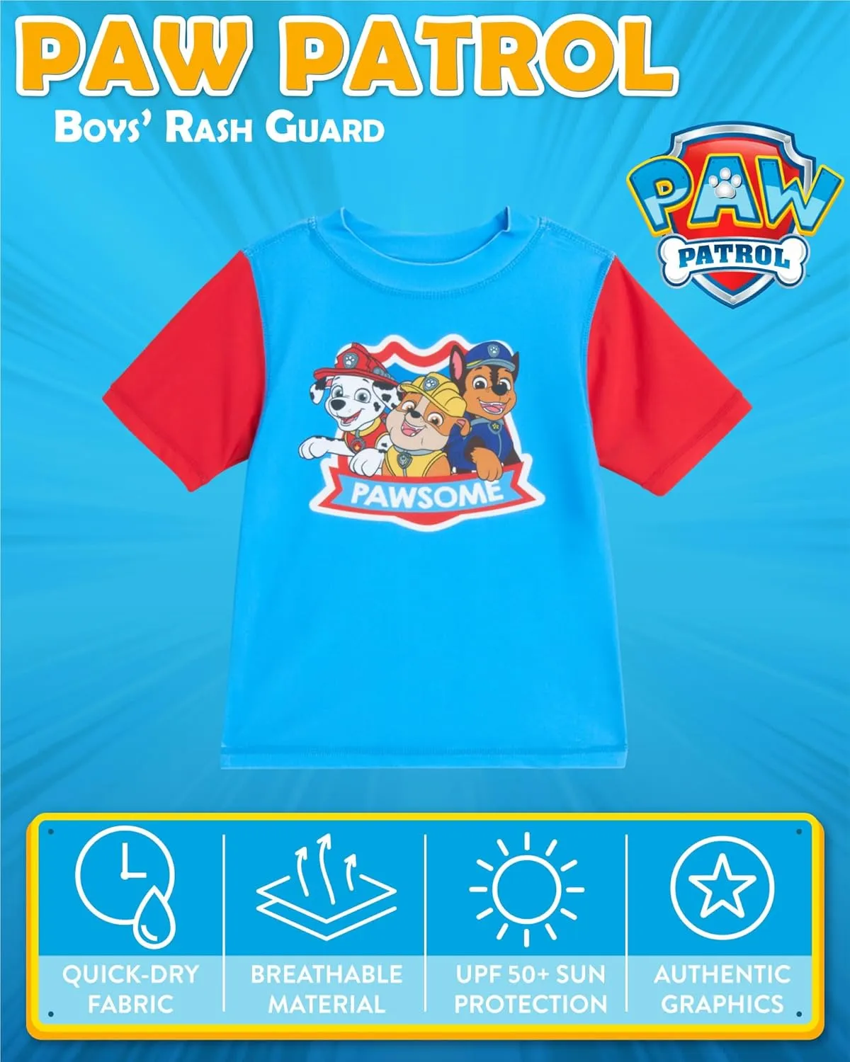 Nickelodeon Boys' Rash Guard Short Sleeve Top - Paw Patrol Chase & Marshall Quick Dry UPF50  Sun Protection Swim Shirt (2T-7)