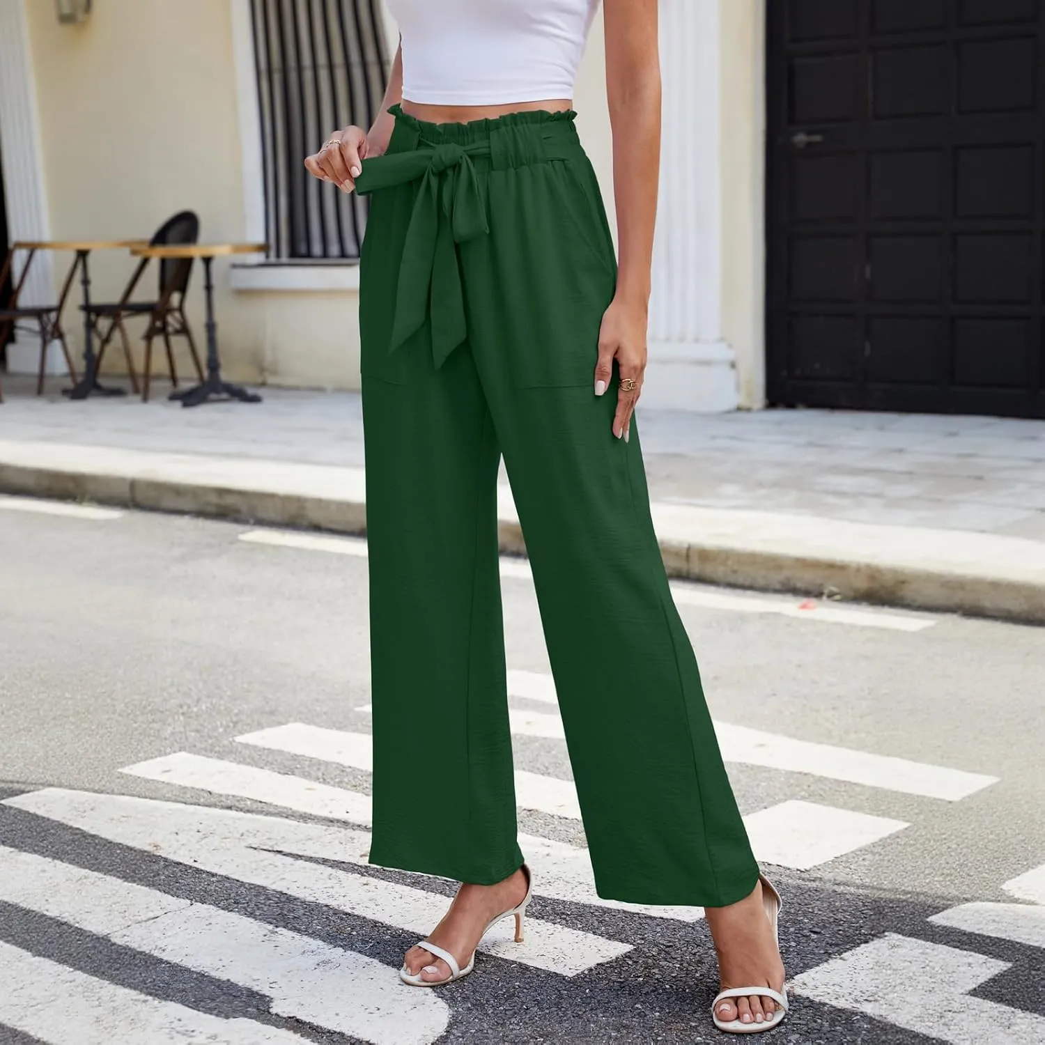 NILOUFO Women Summer Casual Wide Leg Pants High Waisted Elastic Tie Knot Boho Beach Trousers with Pockets