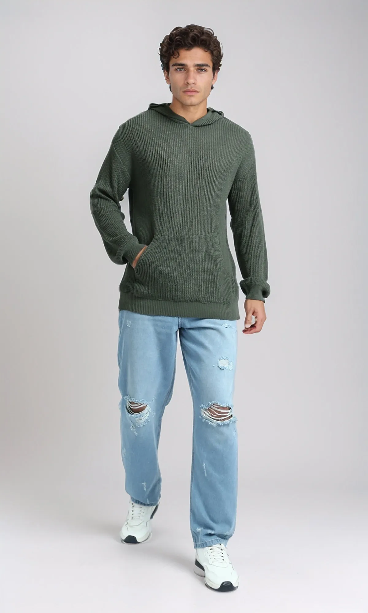 O198296 - Solid Hooded Neck Casual Pullover - Olive