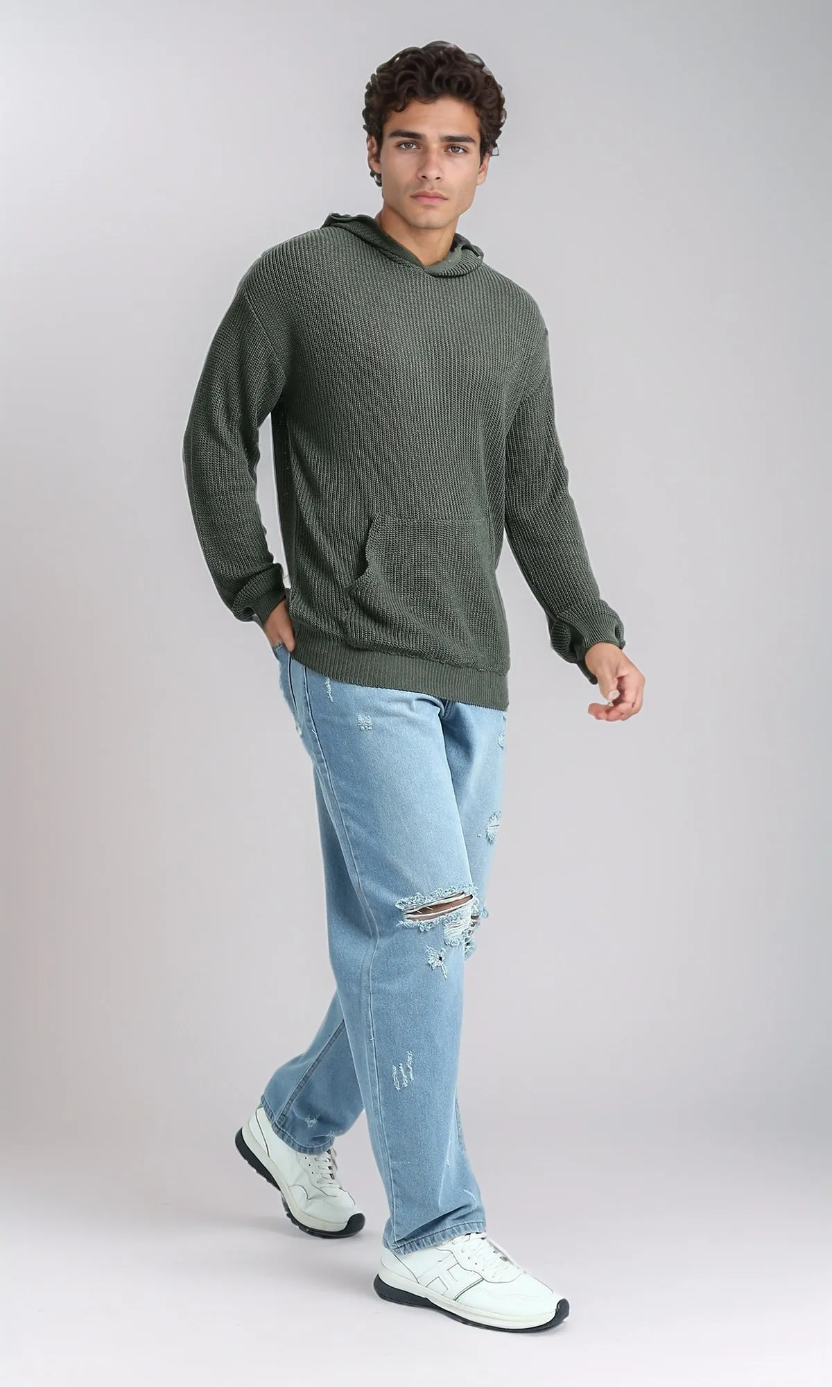 O198296 - Solid Hooded Neck Casual Pullover - Olive