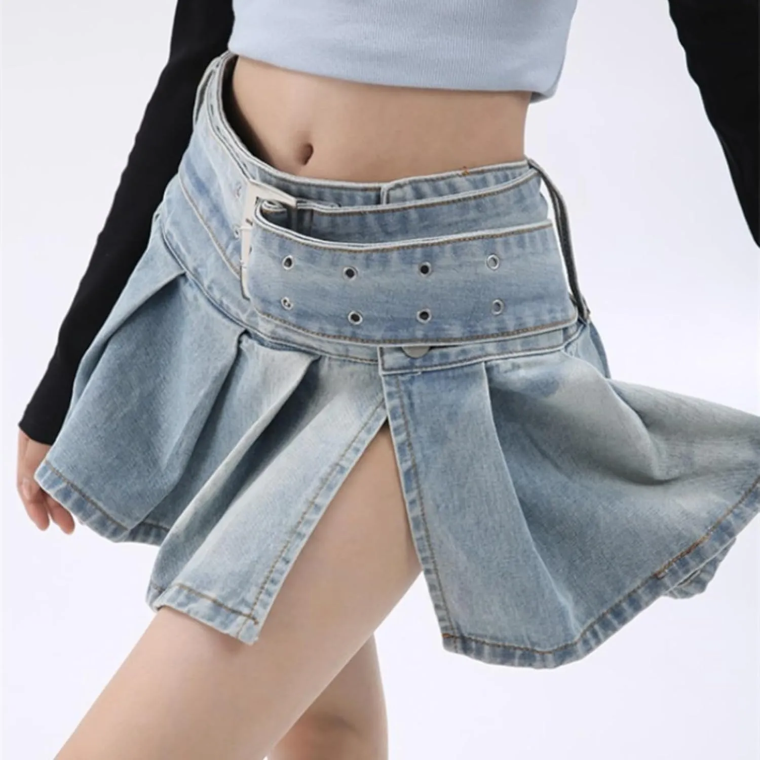 OFFSUM Womens Short Skirts - Denim Mini Pleated Skirt Women High-Waist Vintage A-Line with Belt Korean Style Fashion