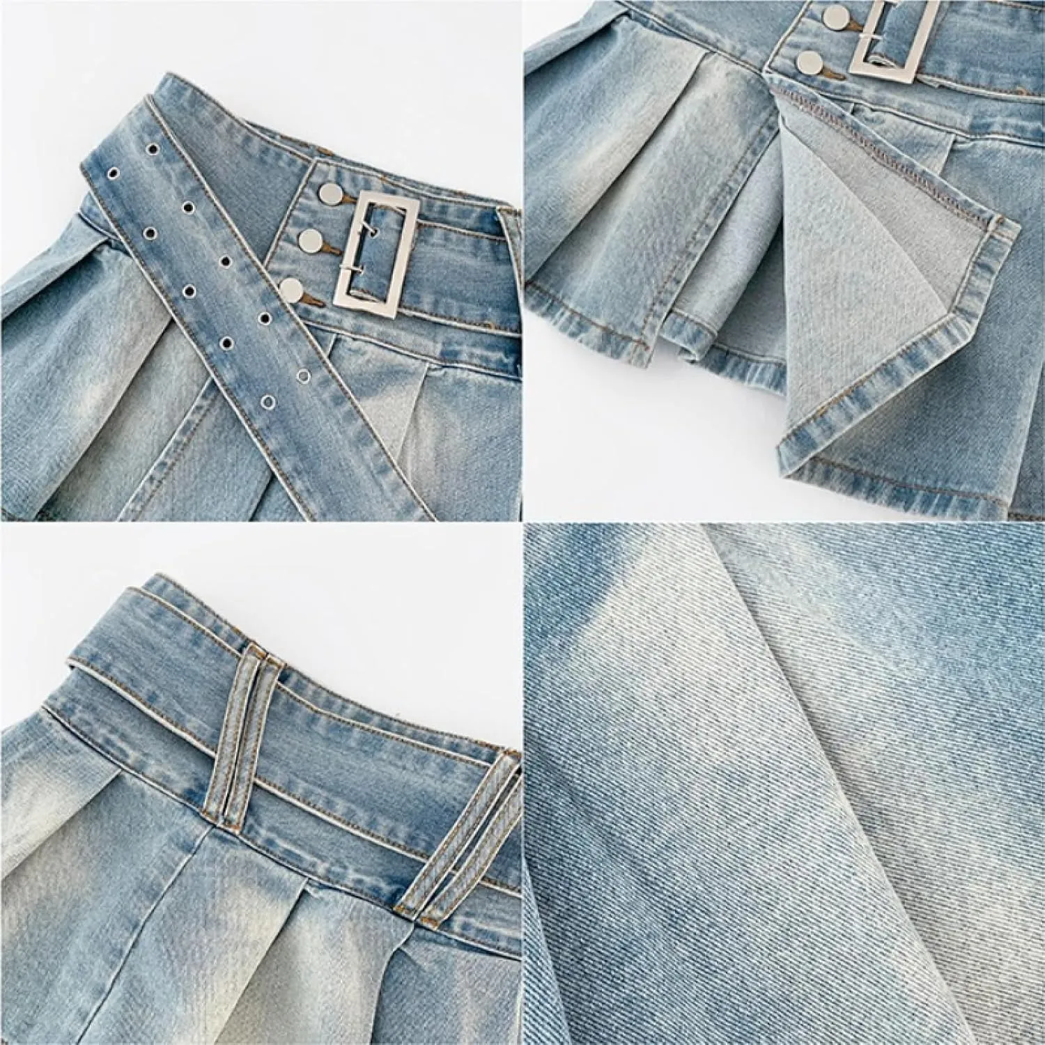 OFFSUM Womens Short Skirts - Denim Mini Pleated Skirt Women High-Waist Vintage A-Line with Belt Korean Style Fashion