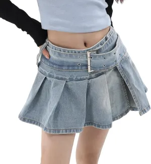 OFFSUM Womens Short Skirts - Denim Mini Pleated Skirt Women High-Waist Vintage A-Line with Belt Korean Style Fashion