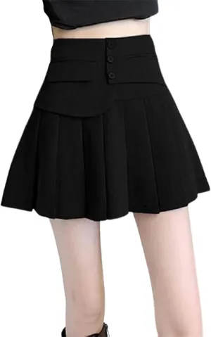 OFFSUM Womens Short Skirts - Korean Style High Waist Mini Skirts Women Fashion Button Patchwork Pleated Skirt A-Line