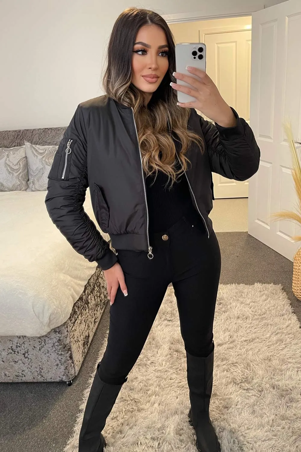 Olivia Black Ruched Sleeves Zip Through Bomber Jacket