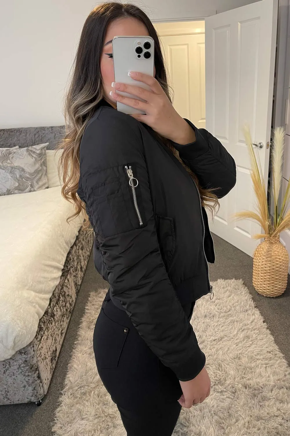 Olivia Black Ruched Sleeves Zip Through Bomber Jacket