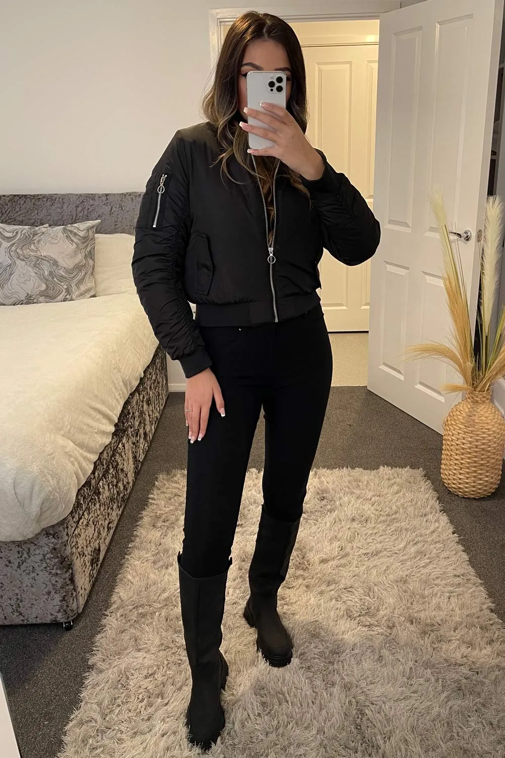 Olivia Black Ruched Sleeves Zip Through Bomber Jacket