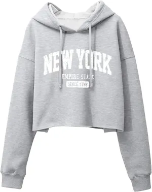 ORANDESIGNE Woman Letter Graphic Print Cropped Hoodie Long Sleeve Crop Fleece Casual Workout Loose Pullover Sweatshirt Tops