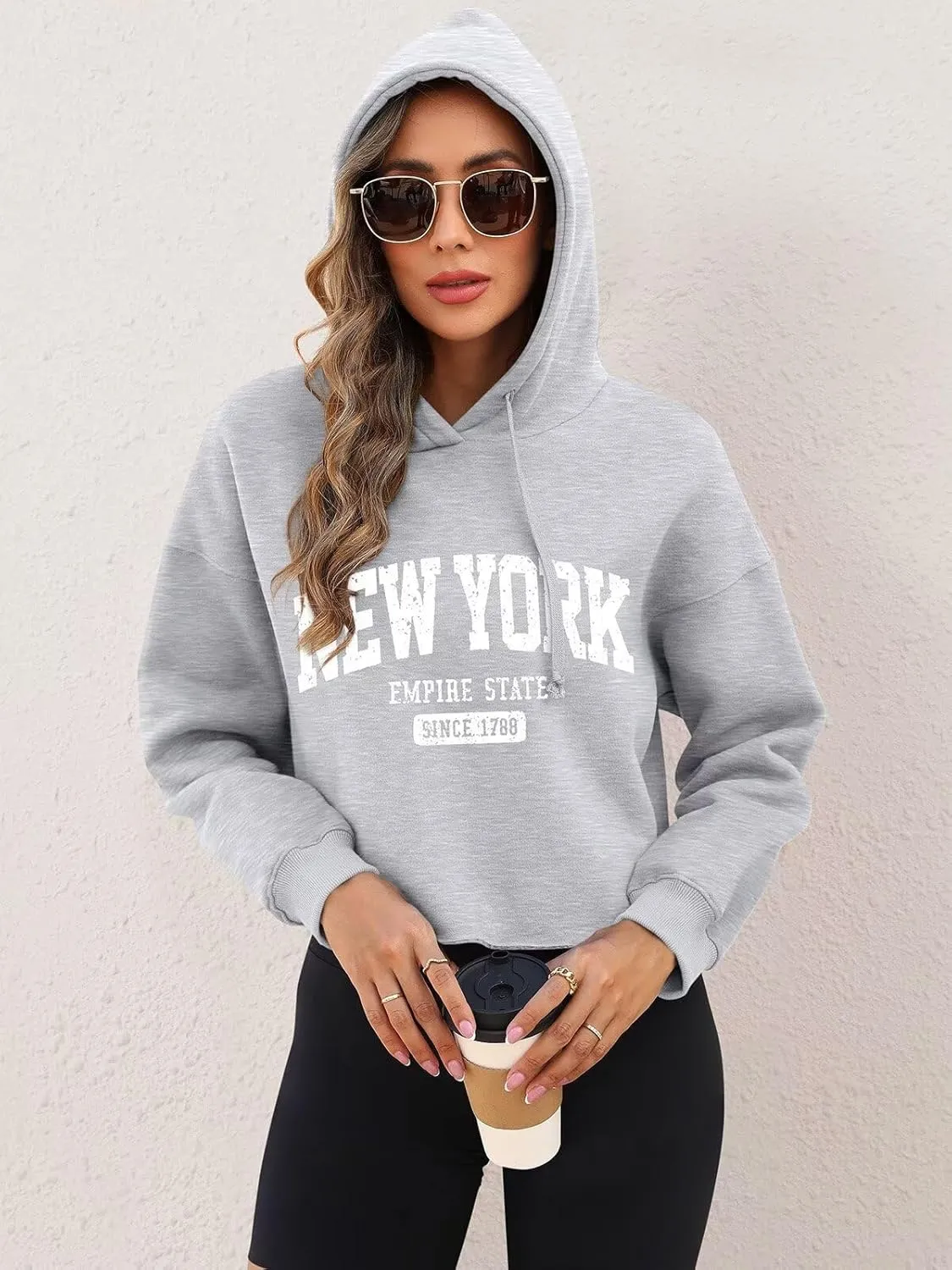 ORANDESIGNE Woman Letter Graphic Print Cropped Hoodie Long Sleeve Crop Fleece Casual Workout Loose Pullover Sweatshirt Tops