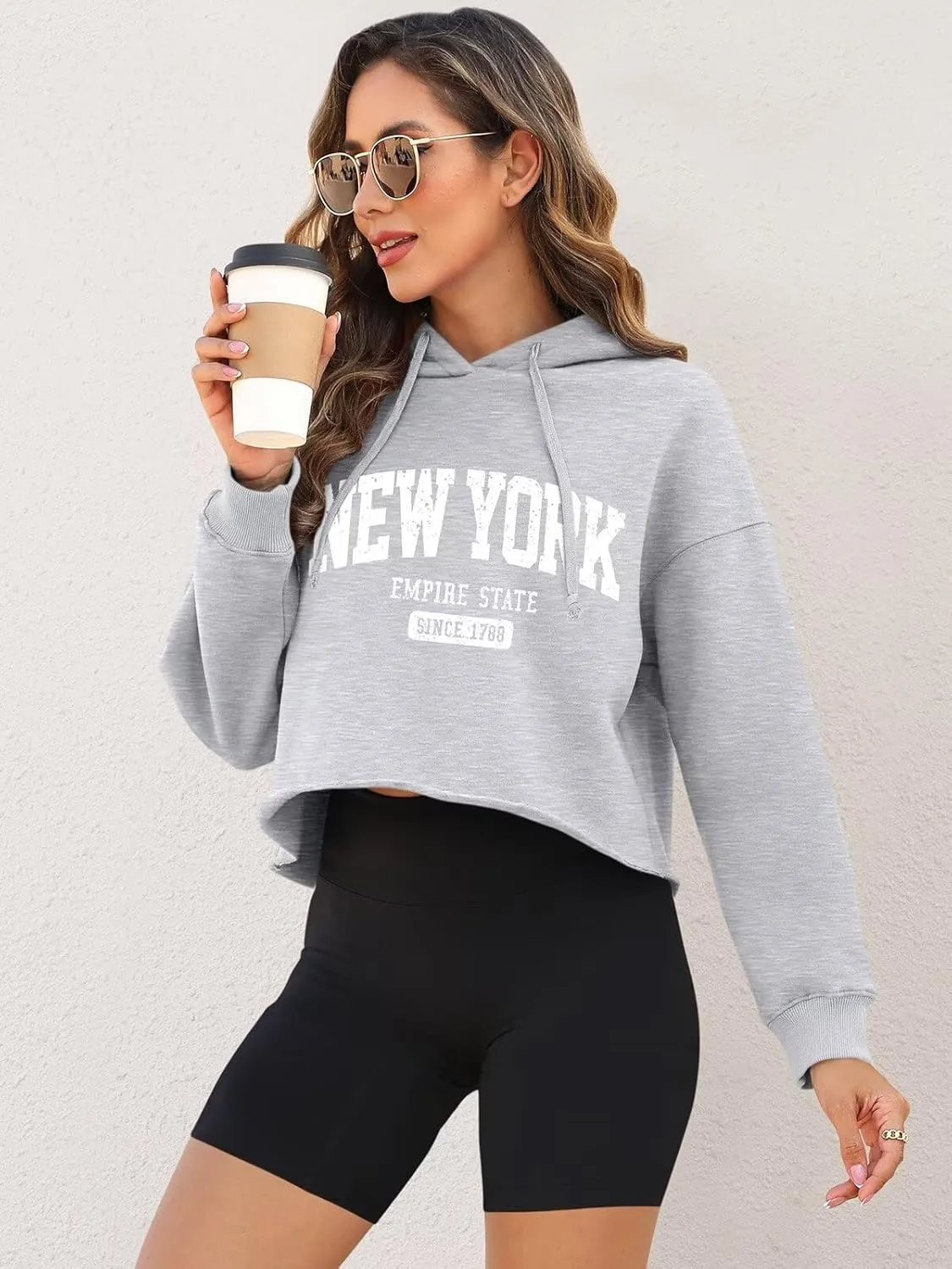 ORANDESIGNE Woman Letter Graphic Print Cropped Hoodie Long Sleeve Crop Fleece Casual Workout Loose Pullover Sweatshirt Tops