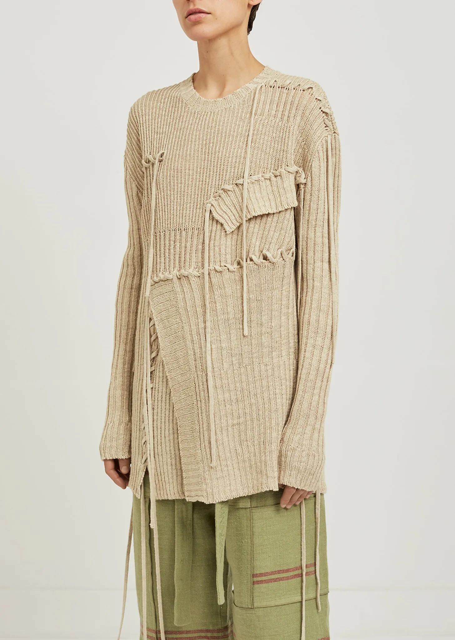 Patchwork and Lace Knit Crew Neck Sweater