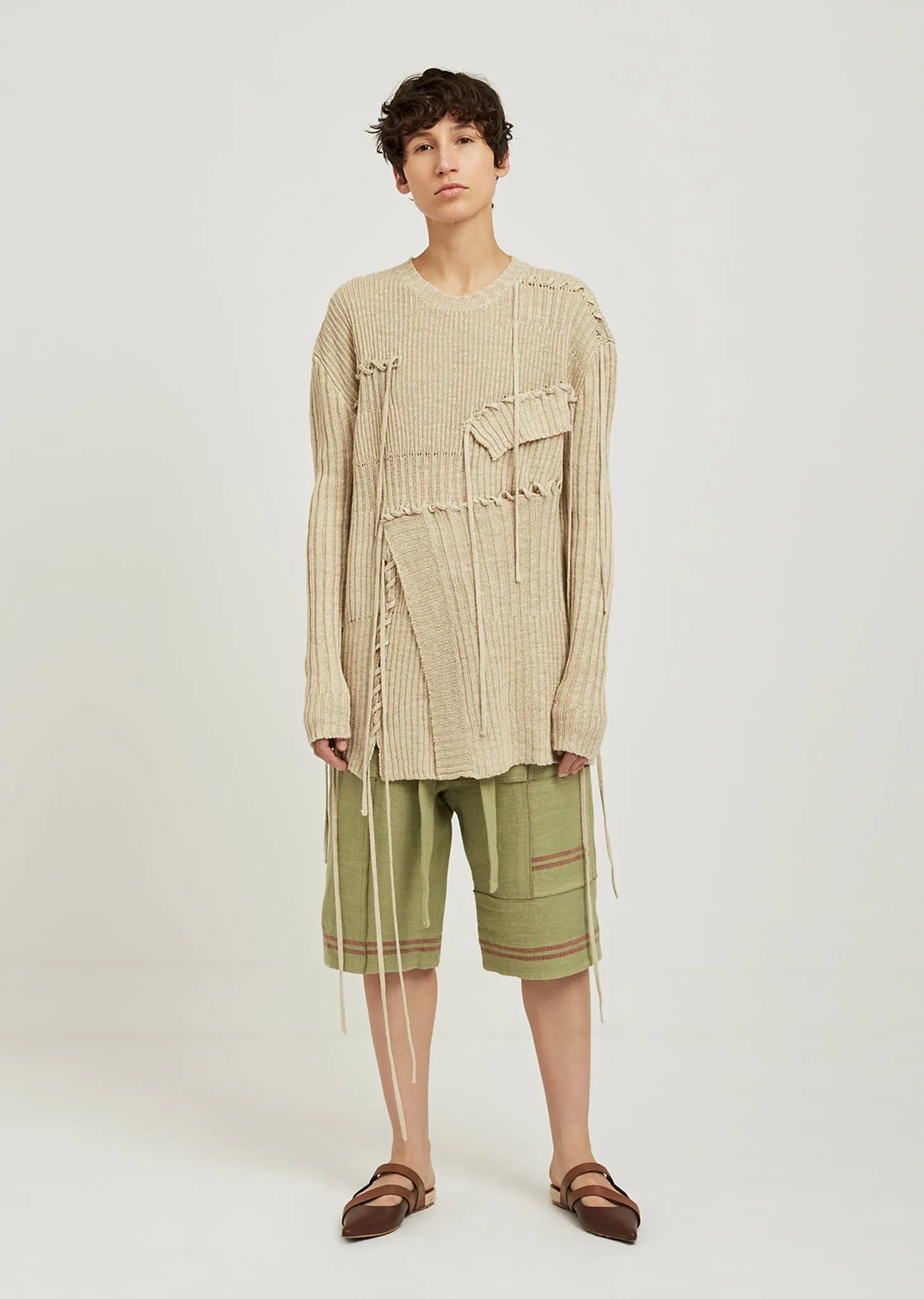 Patchwork and Lace Knit Crew Neck Sweater