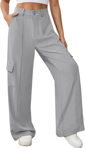 Pink Queen Women High Waisted Wide Leg Cargo Pants Button Down Loose Casual Trendy Work Trousers with 4 Pockets