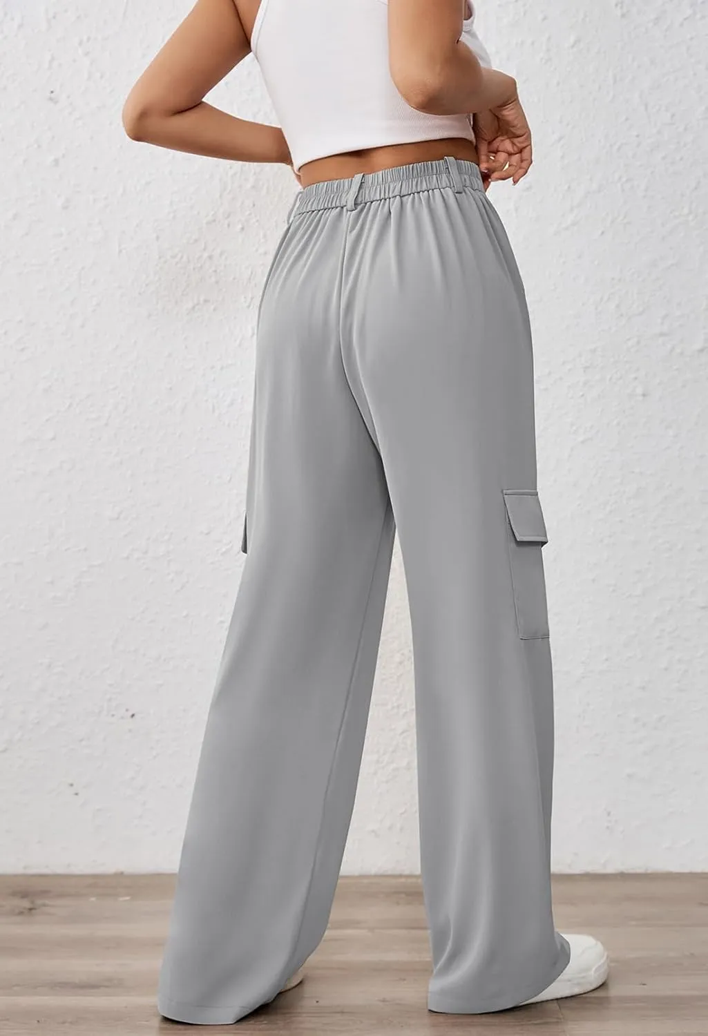 Pink Queen Women High Waisted Wide Leg Cargo Pants Button Down Loose Casual Trendy Work Trousers with 4 Pockets