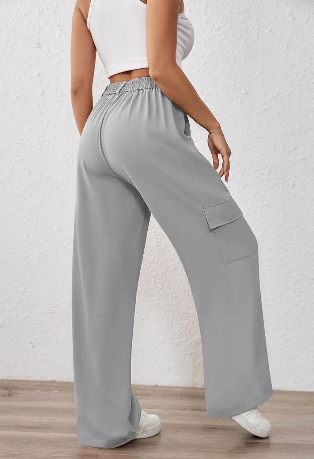 Pink Queen Women High Waisted Wide Leg Cargo Pants Button Down Loose Casual Trendy Work Trousers with 4 Pockets