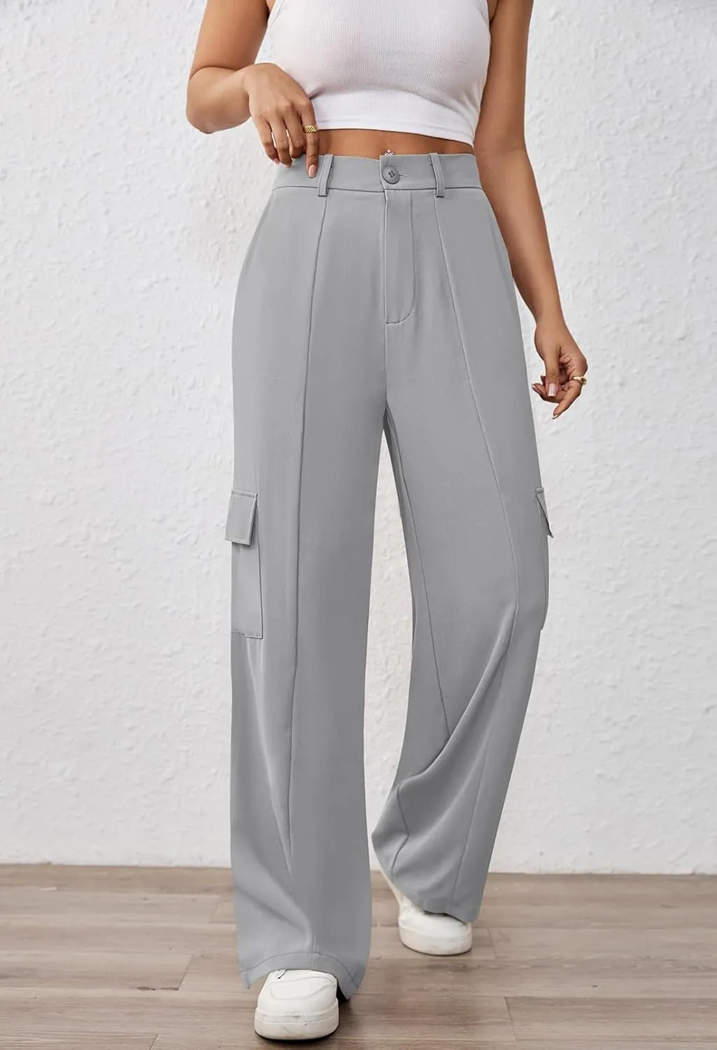 Pink Queen Women High Waisted Wide Leg Cargo Pants Button Down Loose Casual Trendy Work Trousers with 4 Pockets