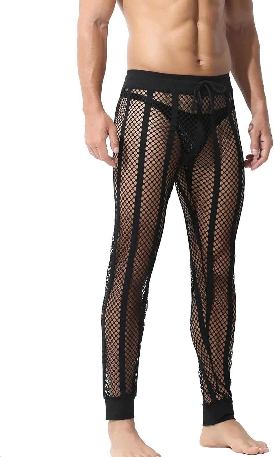 QiaTi Men's Fishnet Pants Mesh See Through Muscle Leggings Stretchy Drawstring Long Pants