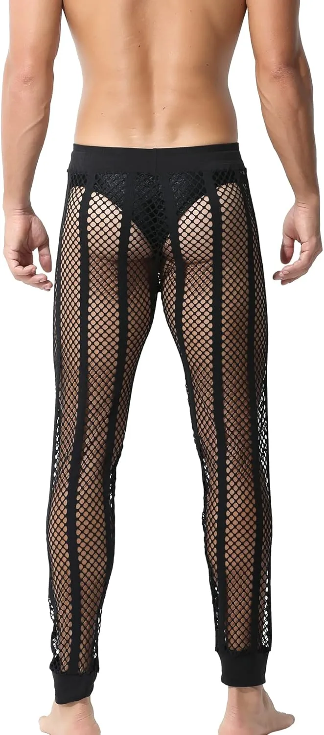 QiaTi Men's Fishnet Pants Mesh See Through Muscle Leggings Stretchy Drawstring Long Pants