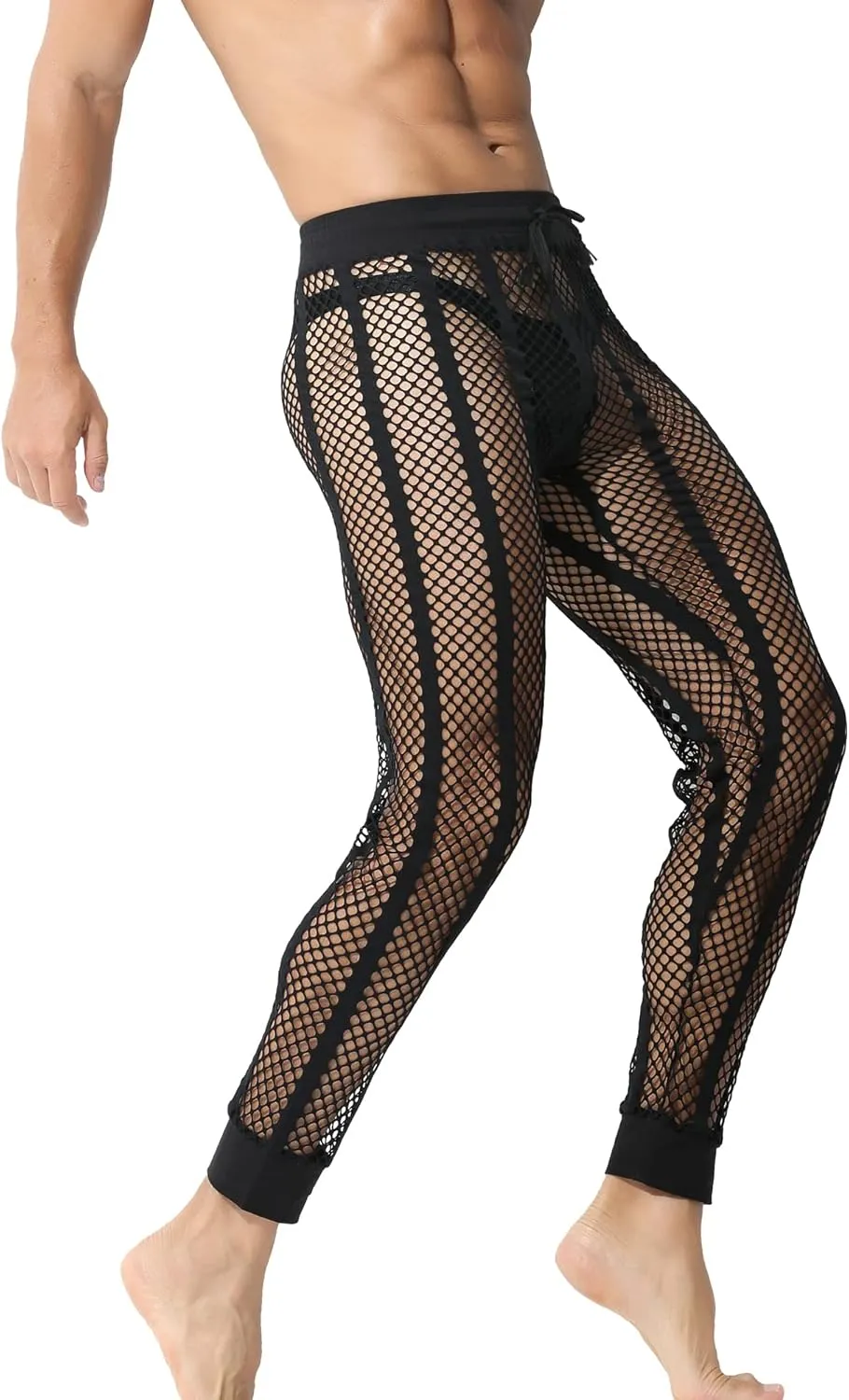 QiaTi Men's Fishnet Pants Mesh See Through Muscle Leggings Stretchy Drawstring Long Pants